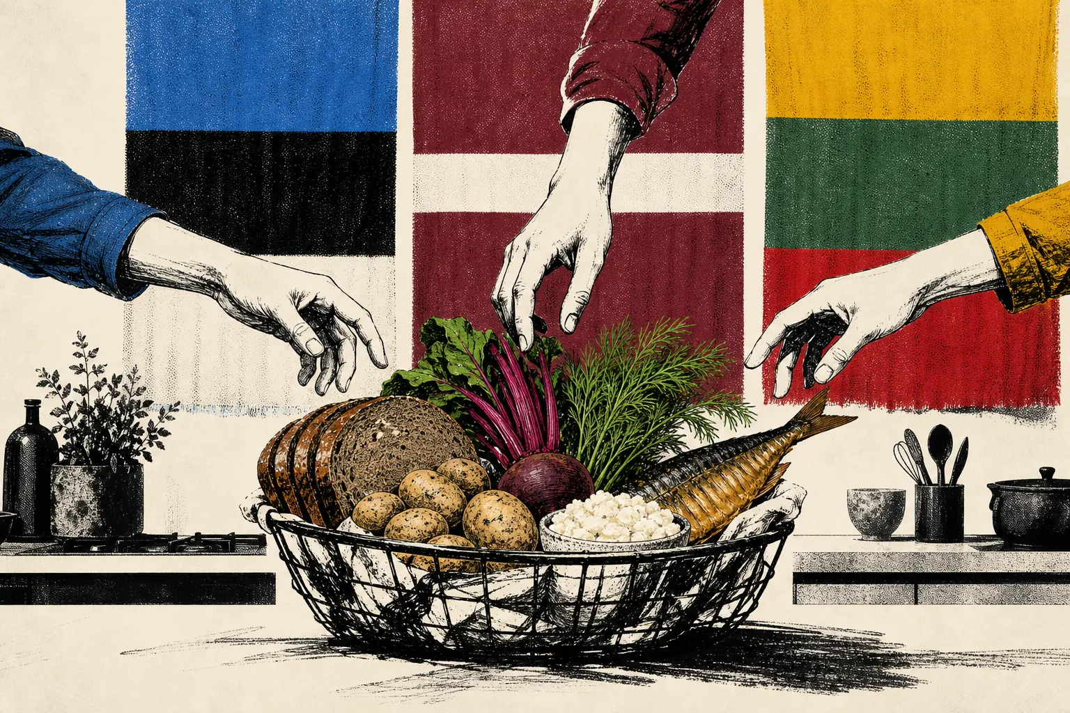 Тушевая иллюстрация: три руки тянутся к общей продуктовой корзине на фоне флагов Эстонии, Латвии и Литвы