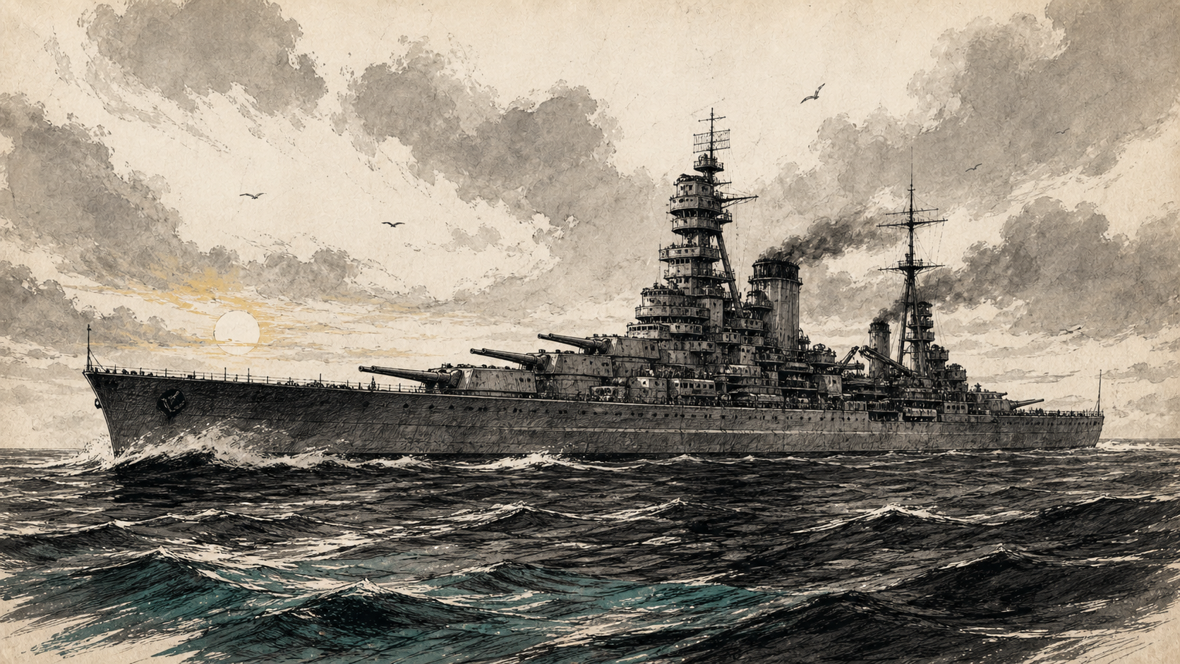 Тушевая иллюстрация: HMS Hood в северном море