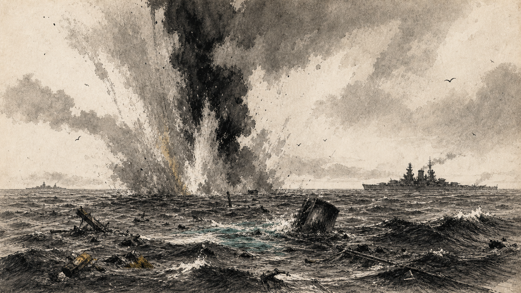 Тушевая иллюстрация: дым и пустое море после гибели HMS Hood