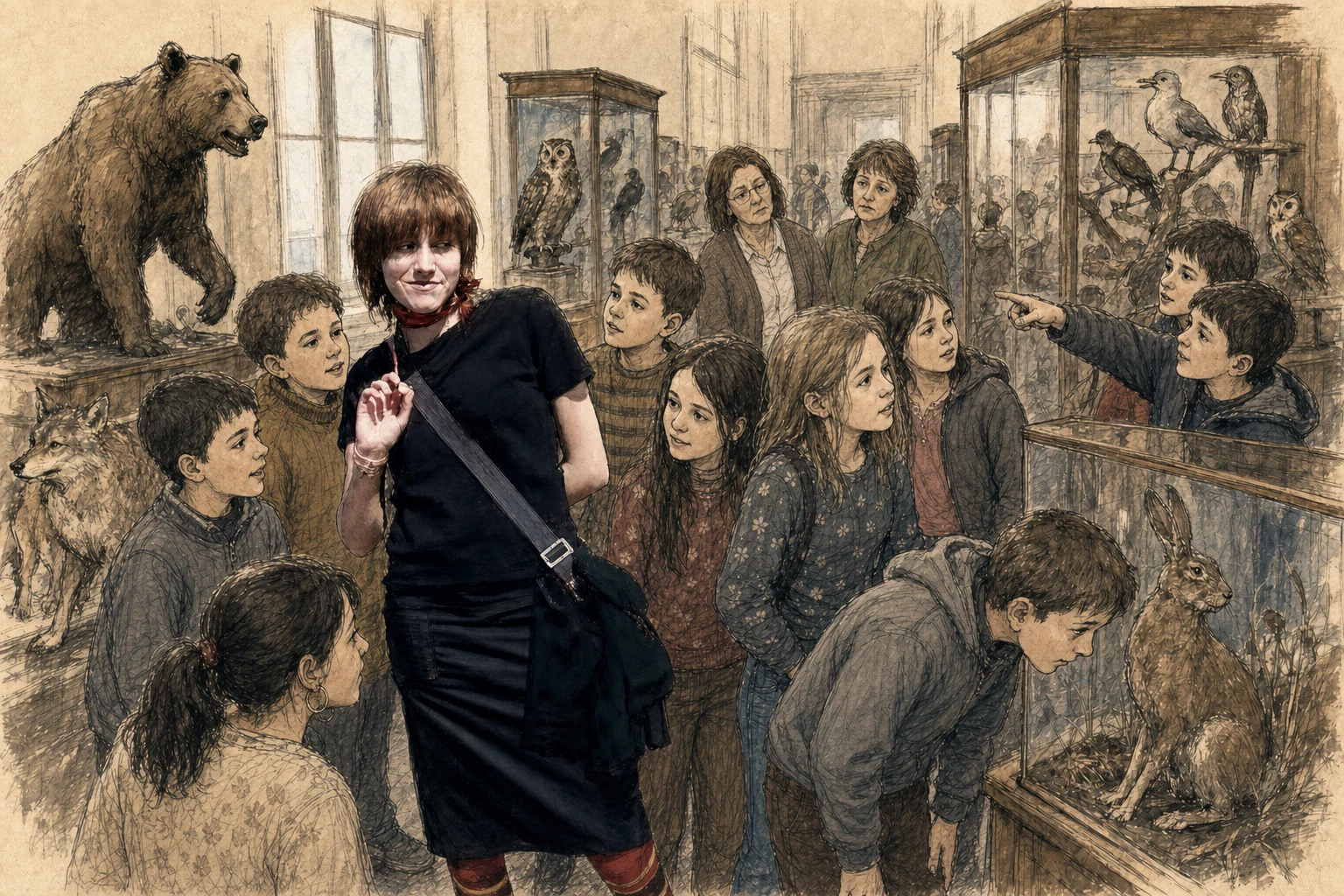 Тушевая иллюстрация: Марина ведёт экскурсию для школьников среди старых музейных чучел