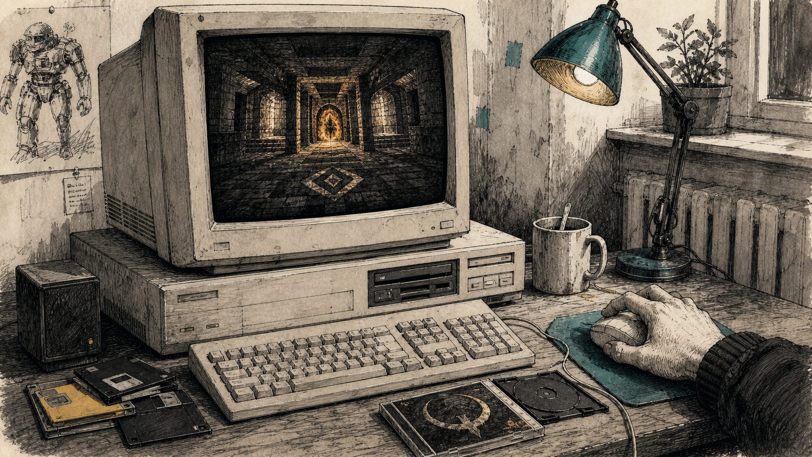 Тушевая иллюстрация: старый компьютер запускает мрачный Quake-портал